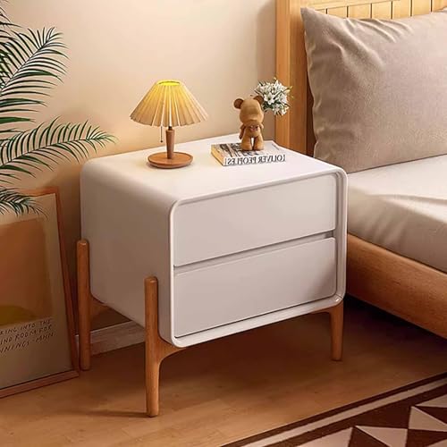 KaBuea Kleiner Nachttisch aus weißem Massivholz, 2 Schubladen, Holzbeine und kratzfestes Kunstleder, Keine Montage erforderlich, ideal for kleine Räume(30cm)