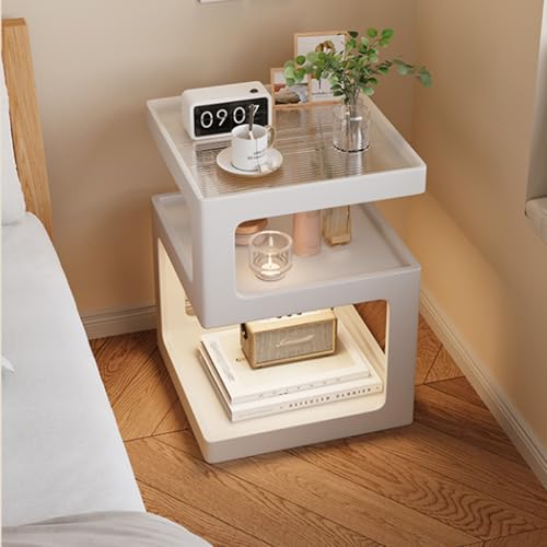 Nachttisch mit Arbeitsplatte aus GehäRtetem Glas, Doppelschublade, Moderner Beistelltisch FüR Schlafzimmer, Sofa, Wohnzimmer, Massivholzrahmen