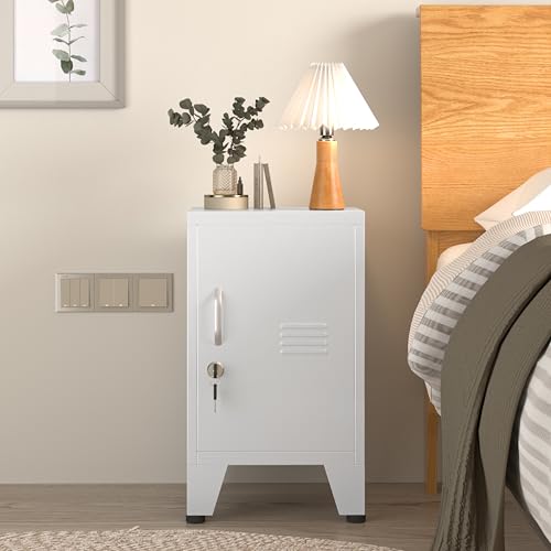 Lusiwry Weißes Metall Nachttisch, Unter Schreibtisch Schrank mit verstellbarem Regal, Seitentisch mit Schloss, Stapelbarer Kleiner Aufbewahrungsschrank für Schlafzimmer, Wohnzimmer, Büro