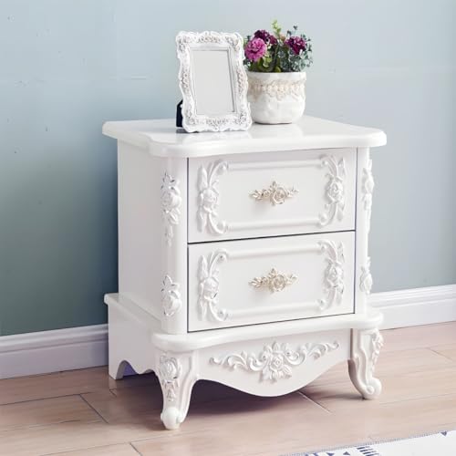 Schicker französischer Nachttisch im Landhausstil, weißes Holz, 2 Schubladen, Stauraum, wertet Schlafzimmerdekor auf, Nachttisch, Holzfarbe, Nachttische, Weiß/Silber, 1 Stück, 48,3 cm L x 40,6 cm WH