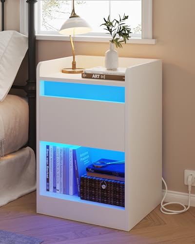 KIMENICH Nachttisch mit 2 LED Streifen, Nachtschrank mit Ladefunktion, USB und USB C Anschlüssen, Sofatisch mit Schubladen, für Schlafzimmer, Wohnzimmer, Weiß
