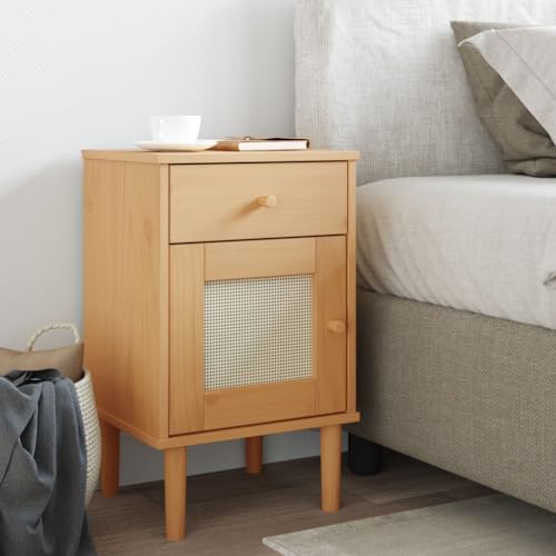 THOYTOUI Nachttisch, Nachtkommode Konsolentisch Nachtkonsole Schreibtisch Geeignet für Wohnung Wohnstube Hotel Schlafzimmer Rattan-Look Braun 40 x 35 x 65cm Massivholz Kiefer