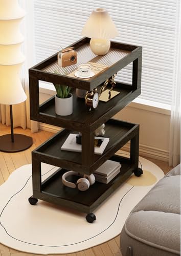 YOUGANG Moderner Nachttisch mit 3 Etagen, S-förmiger Nachttisch mit Universalrollen, kleiner Sofa-Beistelltisch für Wohnzimmer, Schlafzimmer (Nussbaum, F)