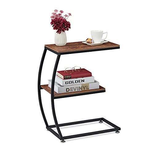 Relaxdays Beistelltisch, 2 Ablagen, C-Form, Industrial Design, Sofatisch Metall & Holzoptik, HBT: 57,5x47,5x25 cm, braun