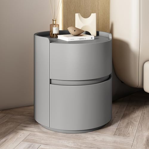 YFJBDKS Luxuriöser zylindrischer Nachttisch aus Kunstleder, Basis aus Massivholz und sanfte, leise Schubladen, geschwungenes Vintage-Design, 20 Zoll Höhe für kleine Räume,Grau