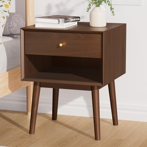 SANXIANHM Mid Century Moderner Nachttisch, 1 Schublade, Schlafzimmer, Massivholz, hoher Nachttisch, Espressofarbener Beistelltisch