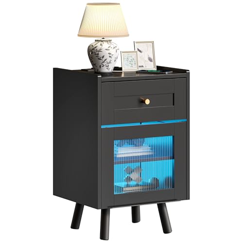 YITAHOME Nachttisch mit 7-Farbiger LED-Lichtleiste, Nachttischschrank mit Schublade und verstellbarem Regal, schwarzer Aufbewahrungs-Beistelltis ch für Schlafzimmer, Wohnzimmer, 40x35x62cm, Schwarz