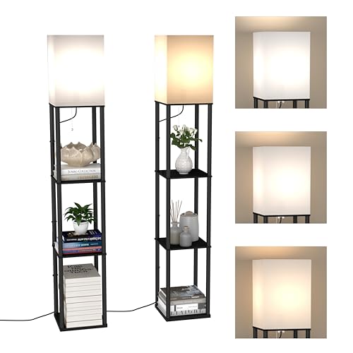 Nachttisch Modern mit Licht,2er set,Nachtschrank aus Holz und Metall mit Beleuchtung für Boxspringbett Schlafzimmer Kinderzimmer,Moderner Beistelltisch 3 Ebenen für Wohnzimmer Flur Büro,Schwarz