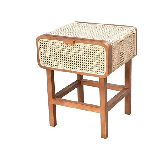Nachttisch aus Walnussholz, Rattan, Nachttisch aus Holz mit 1 Schublade, freistehender Nizer für Küche, Esszimmer, Wohnzimmer – stilvoll und funktional