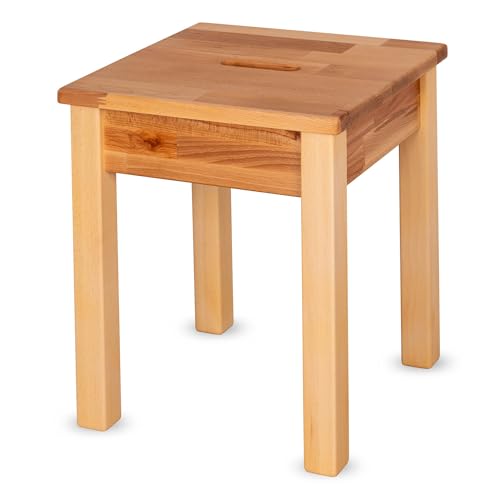 Staboos massiv Holzhocker Doc mit Eingriff bis 150 kg - Buche Sitzhocker aus Holz - Kernbuche Natur - Hocker als Nachttisch nutzbar - 35 x 35 x 45cm