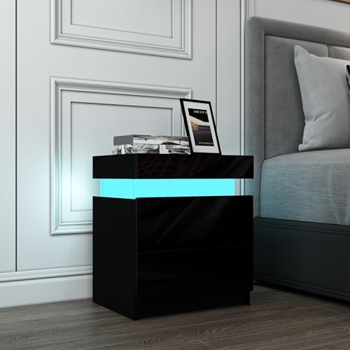Hochglanz Nachttisch mit Geheimfach und RGB LED-Beleuchtung 2 Schubladen klappbare Ablagefläche inklusive Fernbedienung Möbel 45x35x52 cm (Schwarz)
