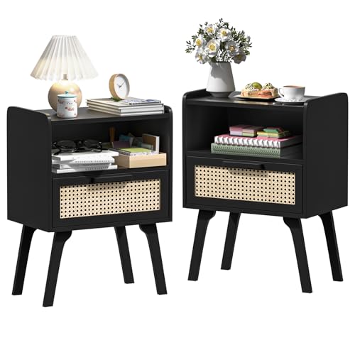 LELELINKY Nachttisch 2er Set Rattan Boho, Kleiner Beistelltisch Holz mit Schublade und Offenem Regal, Nachttische hat Tischbeine aus Massivholz für Wohnzimmer Sofatisch, Schlafzimmer Nachtkommode