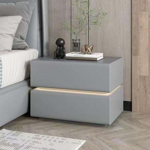 Nachttisch Nachtschrank Beistelltisch mit Sensorlicht Massivholz Rahmen Montagefrei Ultrasoft-Leder Schwebe-Design 2 Schubladen Stauraum für Schlafzimmer Wohnzimmer D,40 * 40 * 48cm