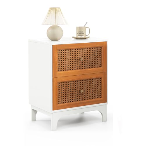 KOMFOTTEU Nachttisch mit Schubladen aus Rattan, Nachtkommode Holz, Nachtschrank mit Kiefernbeinen & offenem Fach, Nachtkonsole Beistelltisch für Schlafzimmer Wohnzimmer 40x30x60,5cm