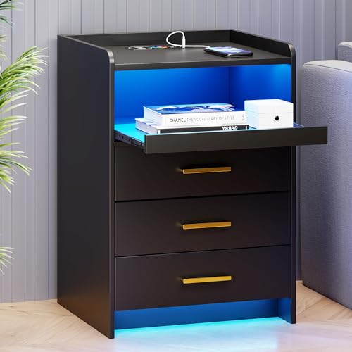 TAGELIER Nachttisch mit Ladefunktion und Led-licht, Nachtschränkchen mit 3 Schubladen, Moderner Nachttische mit Stauraum für Schlafzimmer und Wohnzimmer, Schwarz