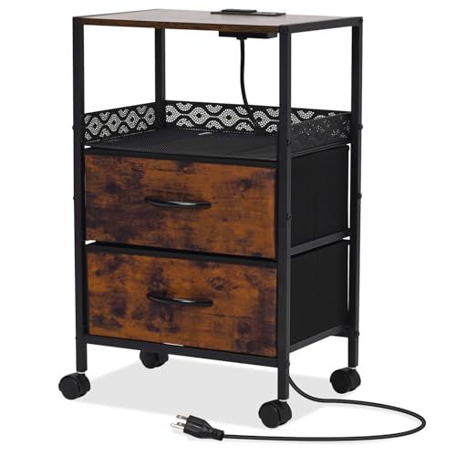 Yosamy Nachttisch mit Steckdose, Rollen, Stoffschubladen, 2 AC-Steckdosen, 2 USB-Anschlüsse, Beistelltisch für Wohnzimmer Schlafzimmer, 40x28x60cm, Retro-Farbe