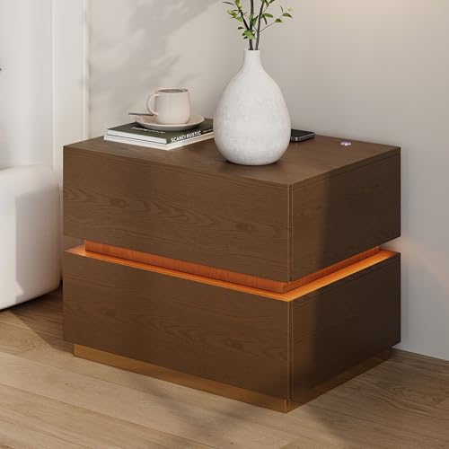 Homary LED Smart Nachttisch mit kabelloser Ladestation, Nachttisch mit Schubladen & USB-Anschlüssen, Modernes Nachtkästchen (Nussbaum, 2 Schubladen)