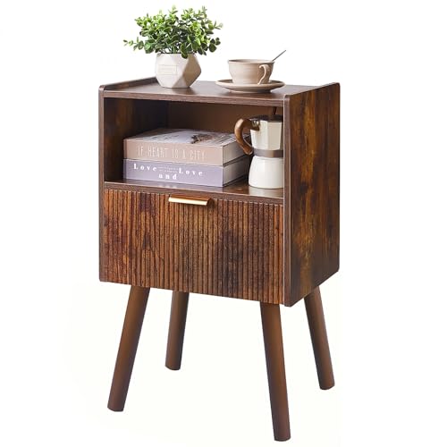 Aibiju Nachttisch, Moderner Nachtschrank mit Schublade, Mid-Century-Nachttische mit offenem Ablagefach, 2-stufiger Bedside Table für Schlafzimmer, Rustikales Braun YD-TM061H