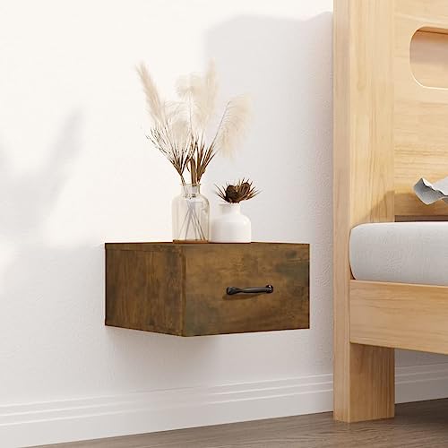 SDWEHO7 Nachttisch Wandmontage, Nachttischschrank Hängend, Wandschublade für Schlafzimmer, Wandregal mit Schublade, Räuchereiche 35x35x20 cm Holzwerkstoff