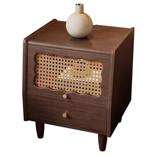 Easnuroz Nachttisch Beistelltische Schlafzimmer Modernes Nachttischchen Schlafzimmer Kleiner Organizer Aufbewahrungsschrank Mit 2 Schubladen Rattan-Design & Massive Beine Beistelltisch Nachttisch(Weiß