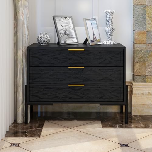 PREMTURE Nachttisch mit 3 Schubladen – 80 x 39 x 60 cm – Moderne Kommode in Schwarz mit gelben Griffen – Beistellschrank für Schlafzimmer, Wohnzimmer oder Flur