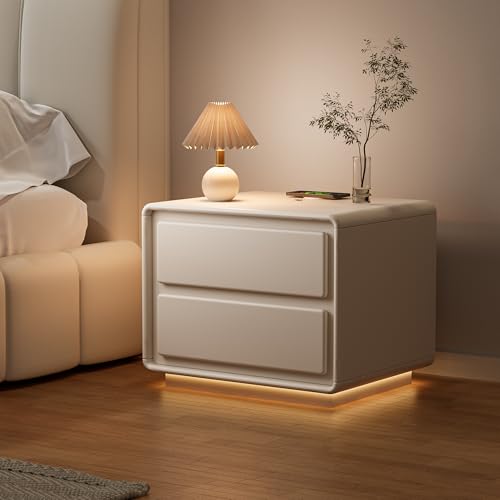 Homary Nachttisch in Cremefarben mit 2 Schubladen, Ladefunktion und Beleuchtung, Smart LED Nachttisch mit kabellosem Laden, dimmbarer LED-Leuchte und 2 Schubladen für modernes Schlafzimmer