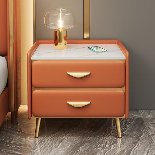 FBNMG Nachttisch aus Massivholz mit Metallbeinen, Nachtschrank aus Felsplatte mit 2 Schubladen, Beistelltisch mit Kunstleder für Schlafzimmer Wohnzimmer Sofa Eingang Büro(Width 15.7 (40CM), Orange B)