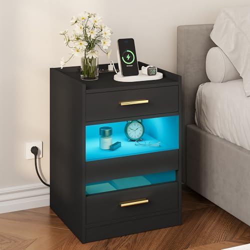 YITAHOME Nachttisch, Beistelltisch mit LED-Lichtern und Ladestation, Nachttischschrank Nachttisch mit Aufbewahrungsschubladen für Wohnzimmer Schlafzimmer, 40 x 40 x 60 cm, Schwarz