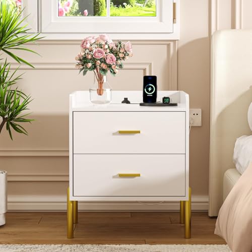 FiveWillowise Nachttisch mit Steckdosen, Nachtschrank mit 2 Schubladen, 2 USB-Anschlüssen, Metallische Tischbeine, Moderner Simplizistischer Stil, für Schlafzimmer, Wohnzimmer, Weiß