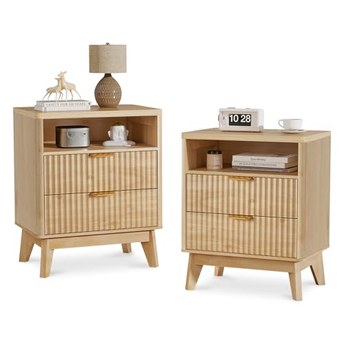 LYNCOHOME Nachttisch 2er Set, Nachtschrank aus Holz, Nachtkästchen mit 2 Schubladen, Beistelltisch, 35T x 45B x 60H cm, Modernes Design, Holzfarben