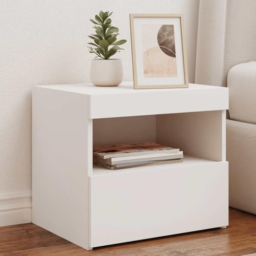 HaoChrymec Nachttisch mit LED-Leuchten, Holzwerkstoff, Weiß, RGB-LED-Beleuchtung, Kommode mit Schubladen, Nachttisch für Schlafzimmer, Beistelltisch Weiß, 50x40x45 cm