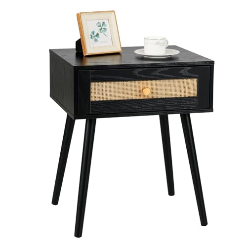 RELAX4LIFE Nachttisch, Nachtschrank mit Schublade aus Rattan, Beistelltisch mit 4 Massivholzbeinen, Boho Sofatisch aus Holz, Nachtkommode für Schlafzimmer, Wohnzimmer, 48 x 40 x 58 cm, Schwarz