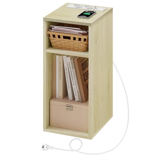 WOLTU Ladefunktion, schmaler Kleiner Beistelltisch 2 Steckdosen 2 USB Anschlüssen 2 offenen Fächer, Couchtisch Stauraum, 25x60x30 cm, für Schlafzimmer, Hell, NTS06hei