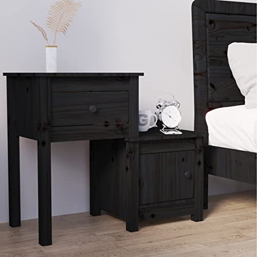Fasba Nachttisch Schwarz 79,5x38x65,5 cm Massivholz Kiefer, Beistelltisch mit viel Stauraum, Nachtschrank, Nachtkommode, Nachtkonsole