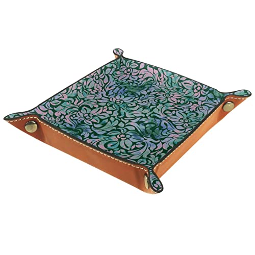Valet-Tablett, Schreibtisch-Aufbewahrung s-Organizer, hochwertiges PU-Leder-Auffangtablett, Nachttisch-Waschtisch-Tab lett, Nachttisch-Caddy-Halter,B arocke Blumenkunst Vintages grünes Rosa