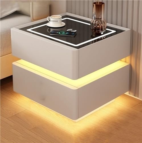 Nachttische, moderner schwimmender Nachttisch aus Massivholz mit LED-Licht Smart Wireless Nachttisch mit 2 Schubladen Aufbewahrungsschrank aus gehärtetem Glas für das Schlafzimmer im Wohnzim