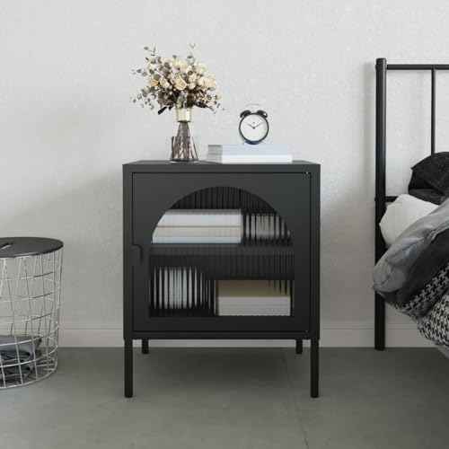 Xichuzi Nachttisch Schwarz 50x35x60 cm Glas und Stahl, Nachtschrank, Nachtkästchen, Bedside Table, Nachtkommode, Nightstand, Nachttischschrank, Nachtkonsole