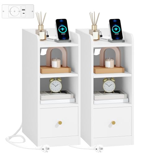 Hzuaneri Nachttisch 2er Set, Schmal, Beistelltisch mit Ladefunktion, USB & Type C Anschlüsse, Nachttische mit 3 Etagen Stauraum, 1 Schublade, für Schlafzimmer, Wohnzimmer, Weiß NS36503X