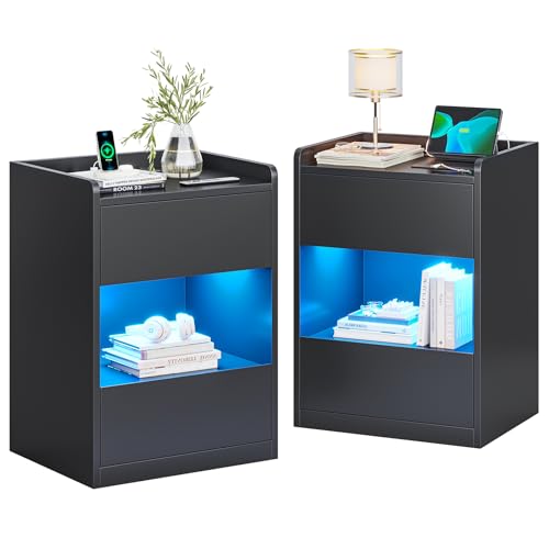AOGLLATI Nachttisch mit LED-Beleuchtung und Ladestation, Nachtschrank mit 2 Schubladen und 1 Fach Beistelltisch mit Steckdosen Sofatisch für Schlafzimmer, Wohnzimmer 40x35x60cm (2, Schwarz)