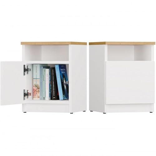 CDF Beistelltisch Nachttisch mit 1 Tür Sofatisch Kommodentisch mit offenem Stauraum Fach - Nachtmöbel Nachtschrank für Wohnzimmer Schlafzimmer Büro Flur – Eiche Artisan und Weiß 30 cm