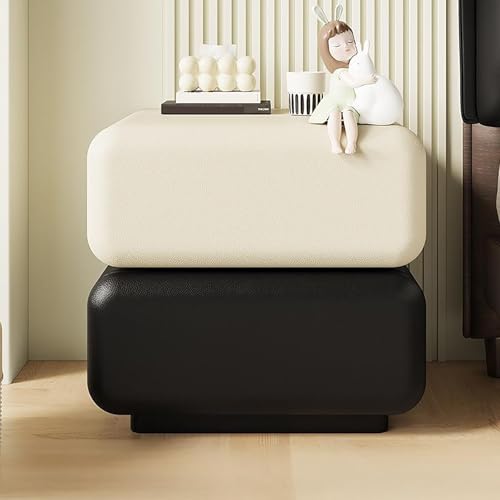 FBNMG Art Design Nachttisch aus Massivholz, Drehbarer Nachtschrank aus Kunstleder, Beistelltisch mit Doppelschubladen für Schlafzimmer Wohnzimmer Kinderzimmer Sofa Eingang(17.7x15.7x19.7in, Mixed C)