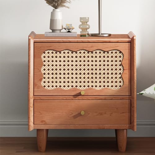 Nachttisch aus Massivholz mit Rattan verzierten Schubladen, Nachttisch mit großem Stauraum für Wohnzimmer und Schlafzimmer