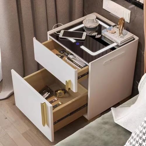 Generisch Intelligenter Nachttisch mit 3 farbigen LED-Leuchten, kabelloser Ladestation, Platte aus gehärtetem Glas, großen Schubladen, moderner Nachttisch für Schlafzimmer und Wohnzimmer