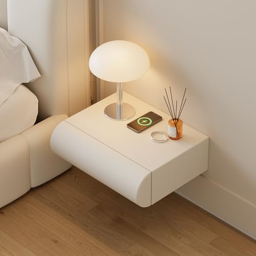 Homary Schwebender Nachttisch mit Wireless Charger, USB & Typ-C – Moderner Nachtschrank mit 2 Schubladen in Kunstleder für Schlafzimmer