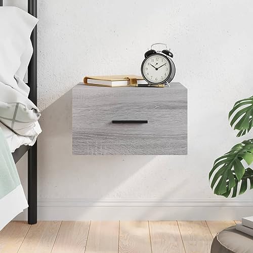 Mokuyary Nachttisch, Wandmontage, Sonoma, grau, 35 x 35 x 20 cm, Beistelltisch, hängend, Wandschrank, schwebend, für Schlafzimmer, Wohnzimmer - D