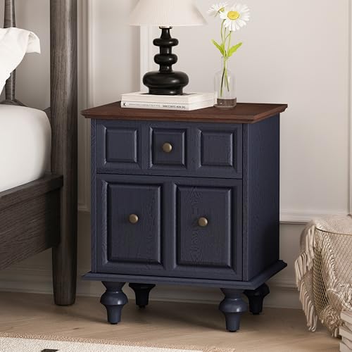 HAINEW Vintage-Stil Nachttisch Nachtschrank Beistelltisch mit 2 Schubladen, Nachtkommode Sofatisch für Schlafzimmer und Wohnzimmer, 52x40x60,5cm (Blau)