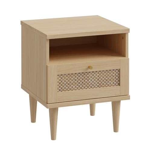 FORTE CALASETTA Nachttisch 40 50, Boho-Stil mit Wiener Geflecht, Nachtschrank, Bettkommode, Holzwerkstoff, Elegancia Eiche Holzdekor/Technorattan, 45 cm breit x 54,5 cm hoch x 41 cm tief