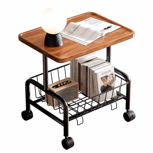 KaBuea Rollbarer Sofa-Nachttisch, 2-stufiges Design & Abnehmbarer Metallkorb, 360° drehbarer Beistelltisch for kleine Räume