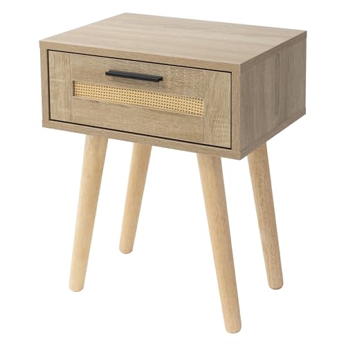 ML-Design Nachttisch mit einer Schublade, 40x50,5x30 cm, Eiche Optik, Nachtschrank mit Rattanfront Massivholzfüßen, Nachtkommode für Boxspringbett Schlafzimmer, Beistelltisch Couchtisch für Wohnzimmer
