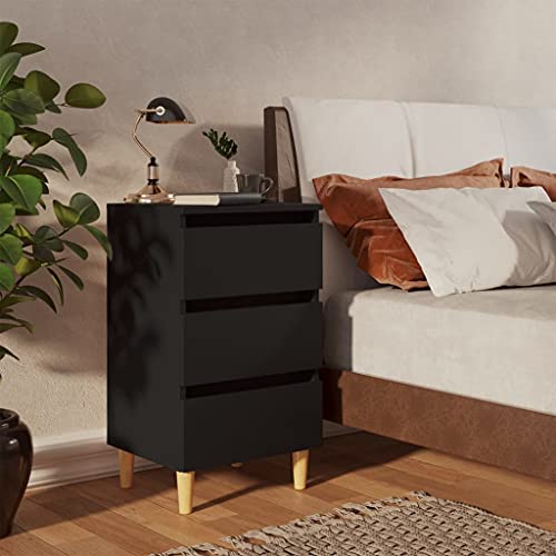 OHOOWOO Nachttisch mit Massivholz-Beinen Schwarz 40x35x69 cm,Moderner Nachttisch mit skandinavischem Charme Schwarz 3 Schubladen Viel Stauraum Schlafzimmer, Nachttische